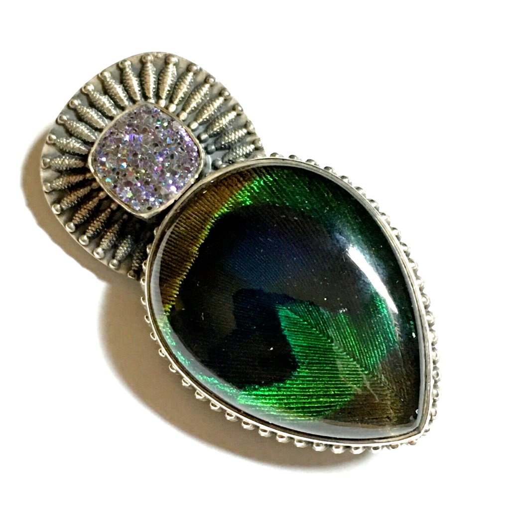 Amy Kahn Russell Sterling Silver Peacock Feather Druzy Pin Pendant - 2.5